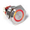 Metal push button switch with a silver hexagonal ring and illuminated red-orange center