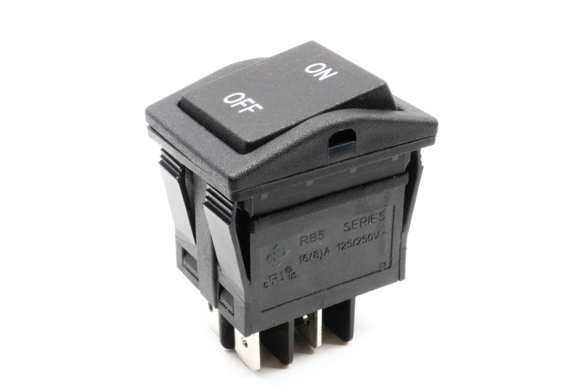 Black ON/OFF rocker switch with white labels on a gray plastic housing.