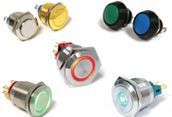 Assorted metal push buttons with colored rings: yellow, green, blue, red, and white.