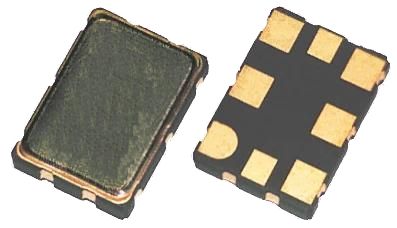 Small black rectangular electronic component with gold pads, shown front and back on a white background