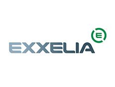 Exxelia logo in blue-gray with a green circular “E” mark on a white background