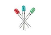 Three colorful LEDs—red, blue, and green—standing upright on thin metal leads.