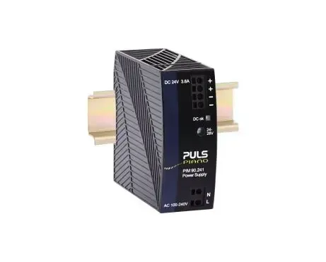 Black industrial DIN-rail power supply module with display and terminal labels
