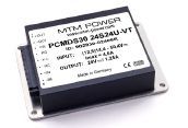 White electronic power supply module with printed label, angled on a plain background