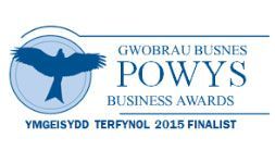Powys Business Awards finalist logo with blue bird and Welsh text on white background