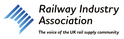 Railway Industry Association logo with blue stripes and black text, “The voice of the UK rail supply community”