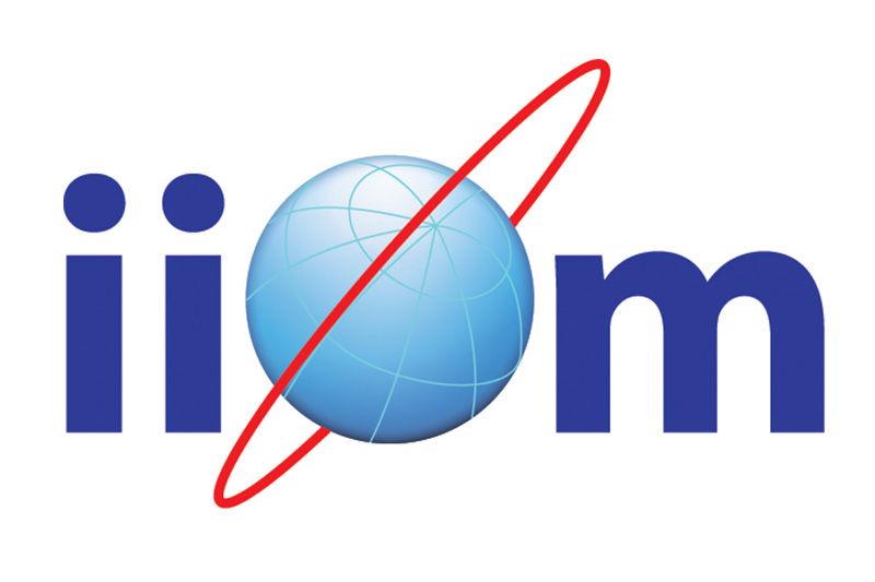 Blue “iiom” logo with a globe as the second “o” and a red orbit line
