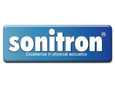 Sonitron logo on a blue rounded rectangle with the tagline “Excellence in physical acoustics”