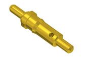 Gold-colored machined metal connector with a cylindrical shape and side hole, shown on white background