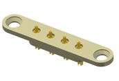 Gold-colored electrical connector strip with five pins and round mounting holes on each end