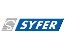 SYFER logo in white letters on a blue slanted rectangle with a gray striped emblem on the left