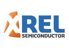 REL Semiconductor logo with blue text and orange abstract icon on white background
