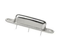 Metal electrical connector with two mounting tabs and three pins on a white background