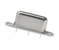 Metal electronic component with three pins and side mounting tabs on a white background