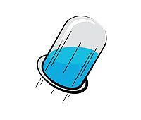 Tilted transparent capsule with blue liquid spilling out