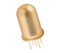Gold electronic component with a rounded metal cap and five thin pins.