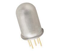 Silver electronic component with four gold pins, shown on a white background