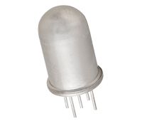 Clear cylindrical LED through-hole component with four metal leads on a white background