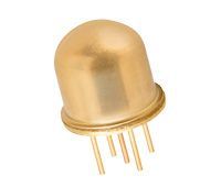 Gold LED indicator light with five metal pins on a white background
