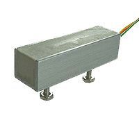 Rectangular metal sensor with two mounting feet and colored wires attached