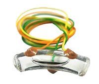 Clear glass bracelet with a green-and-yellow striped coil on top