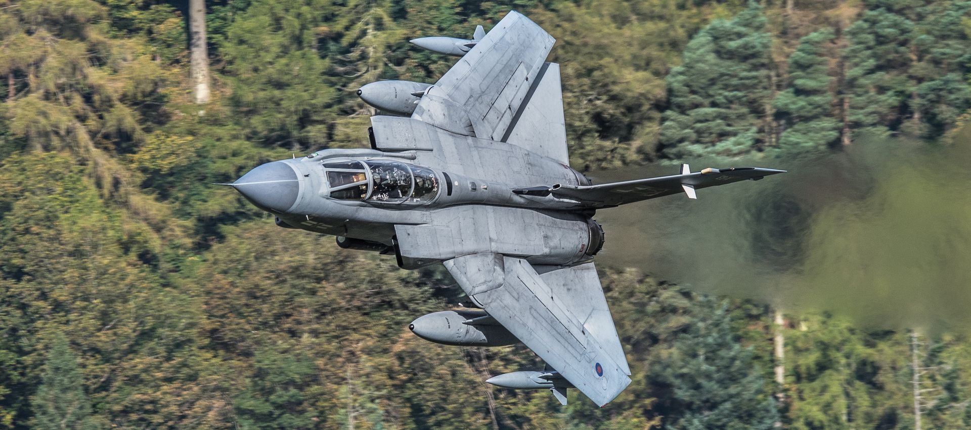 Gray fighter jet flying over forest with canopy open and smoke trailing from the engine