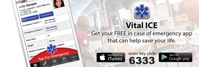 VitalICE app ad with phone mockup, blue emergency icon, and text offering a free emergency app via App Store and Google Play