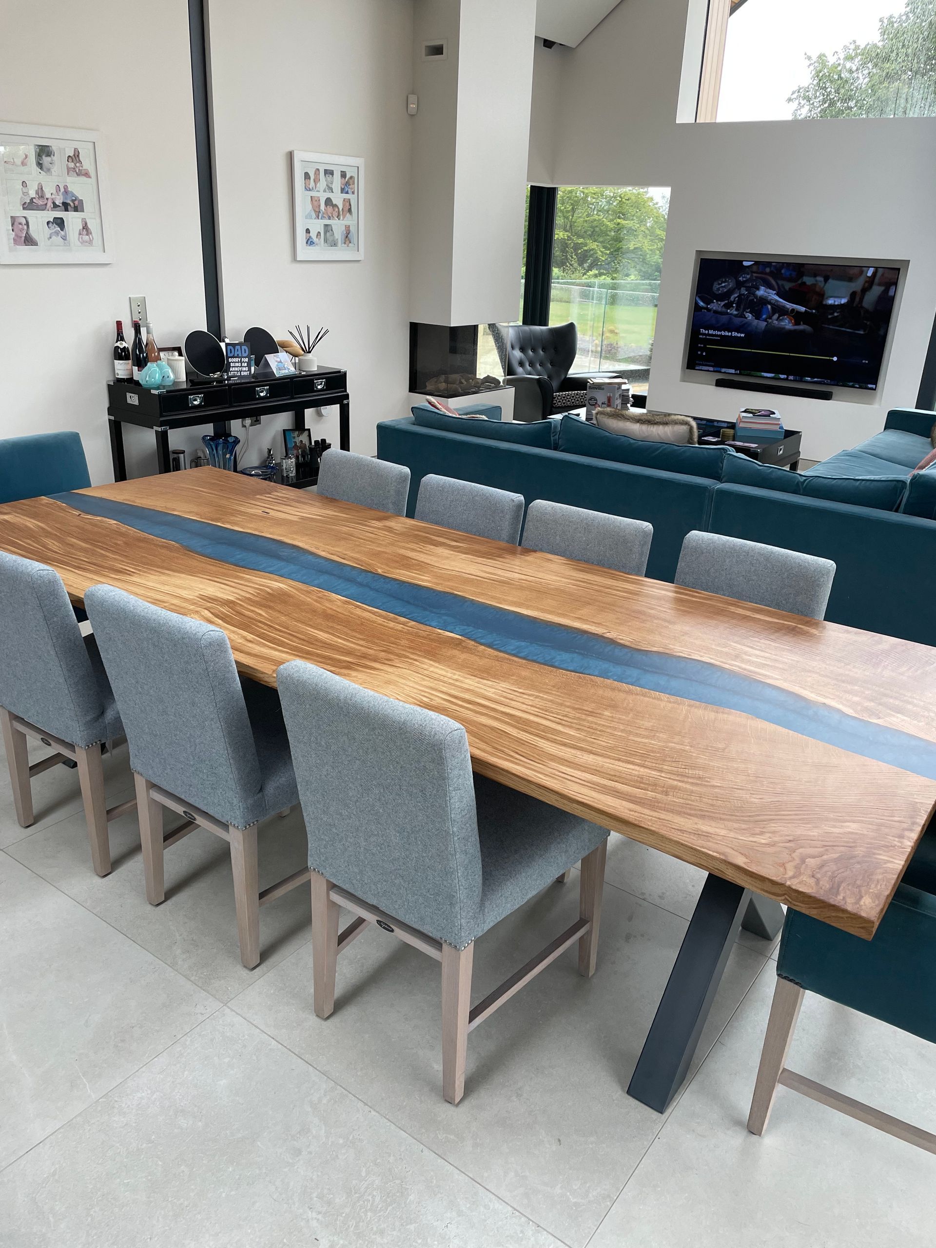 oak blue resin river table
