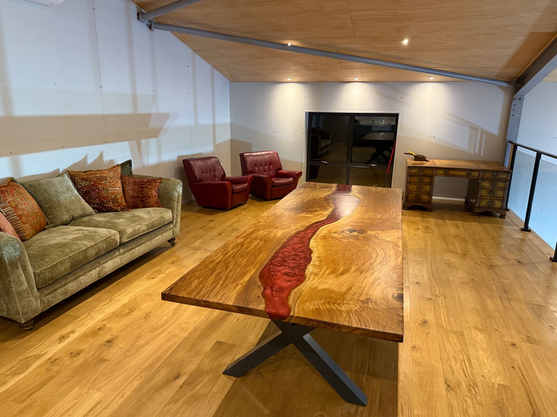 bespoke oak dining table with red resin

