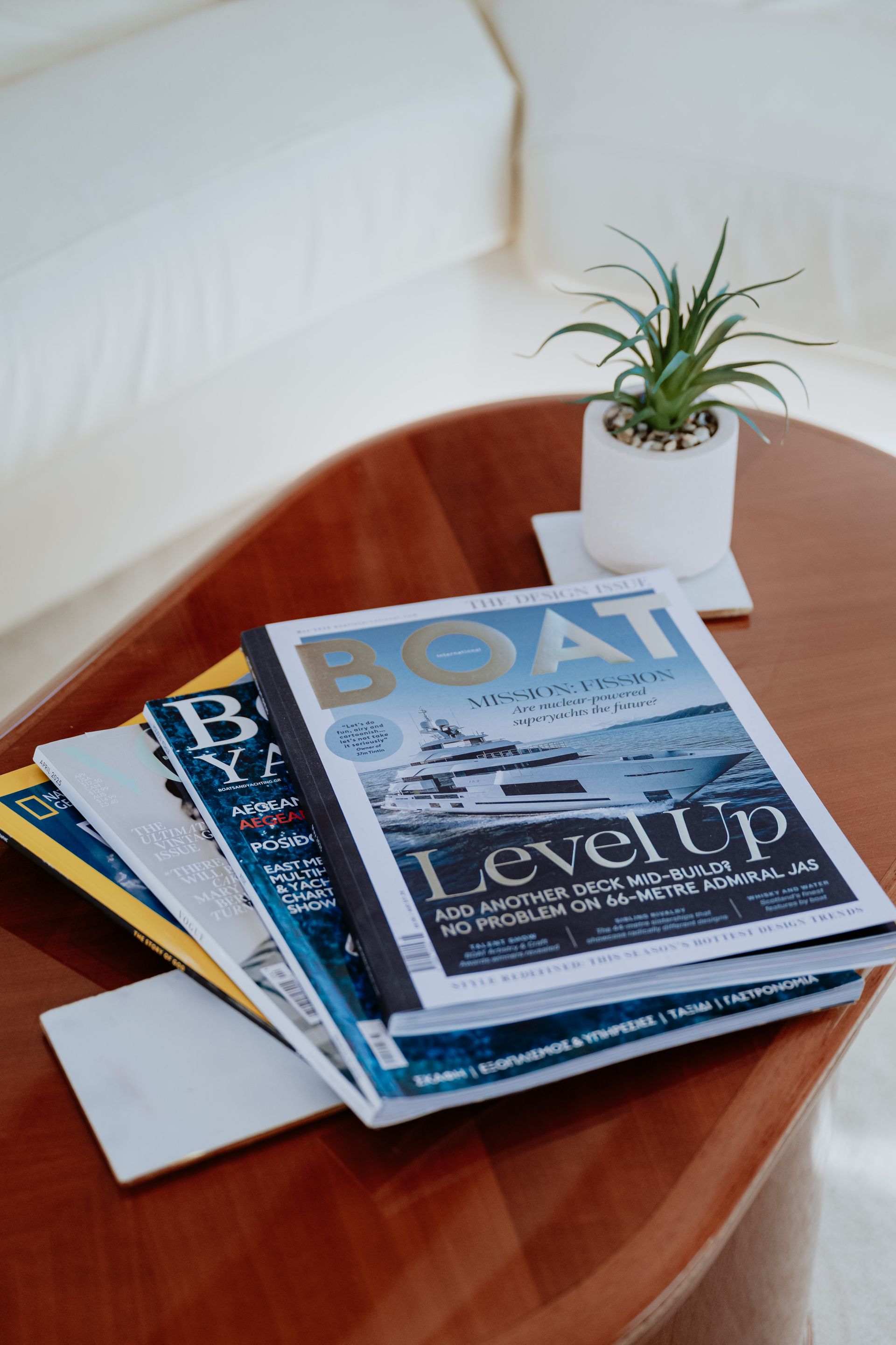 Contemporary yacht interior with spacious seating area