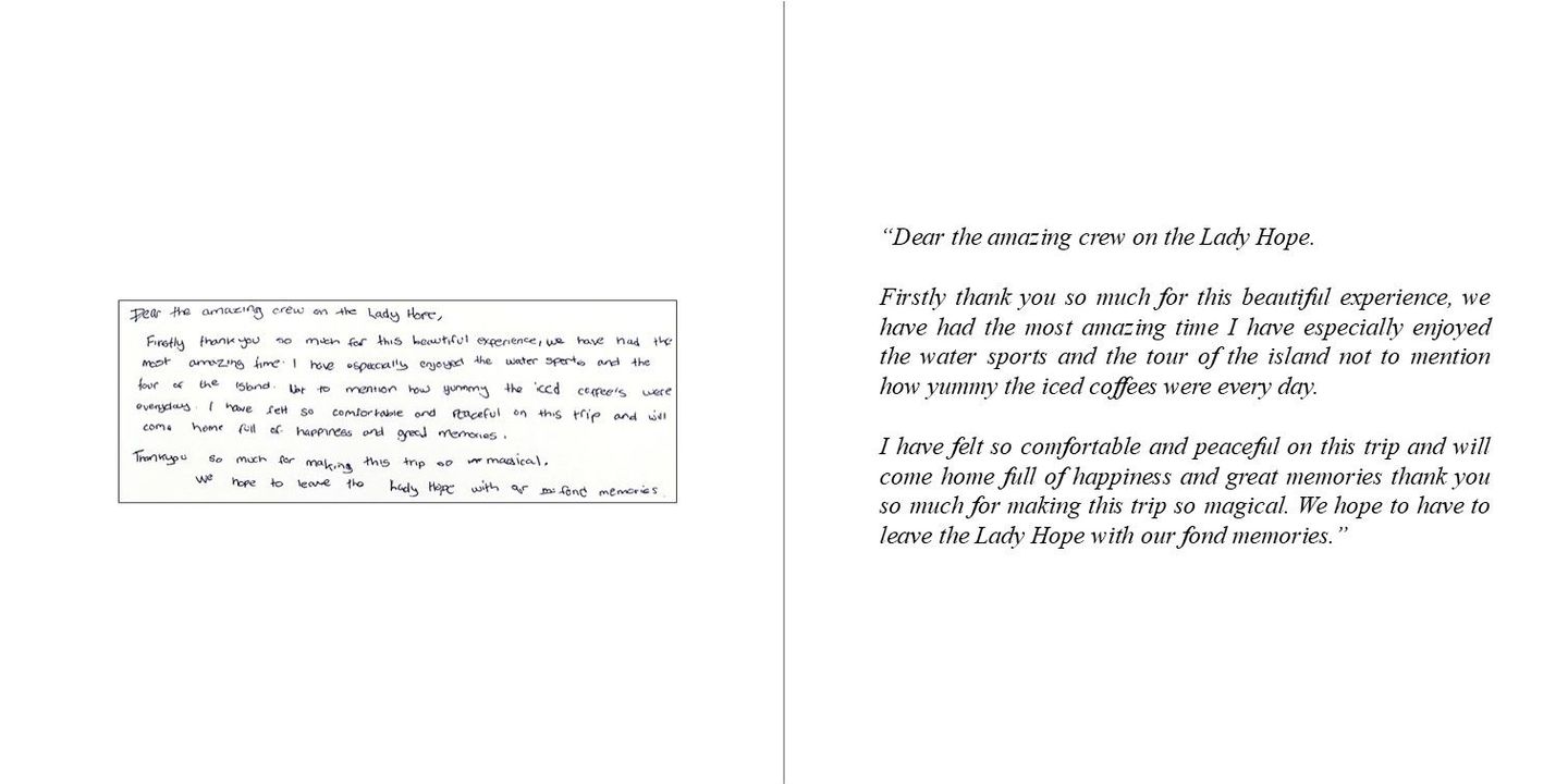Close-up of guestbook entries from luxury yacht visitors
