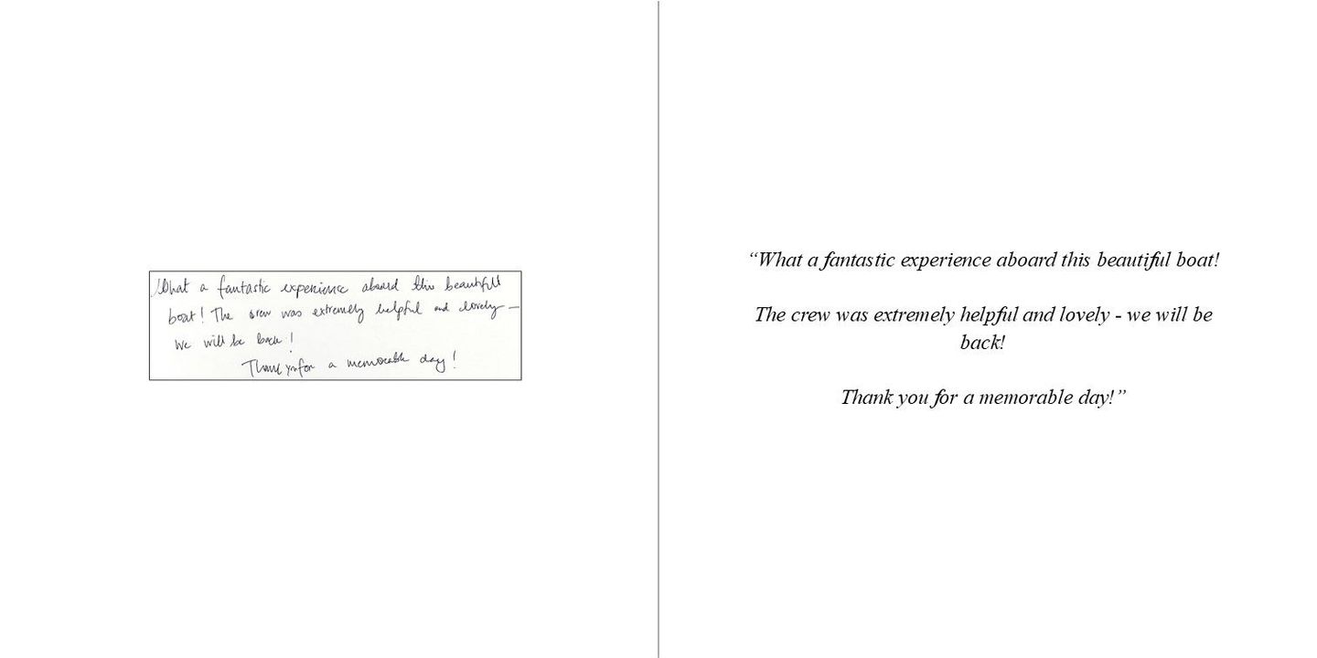 Handwritten testimonials in a luxury yacht guest book