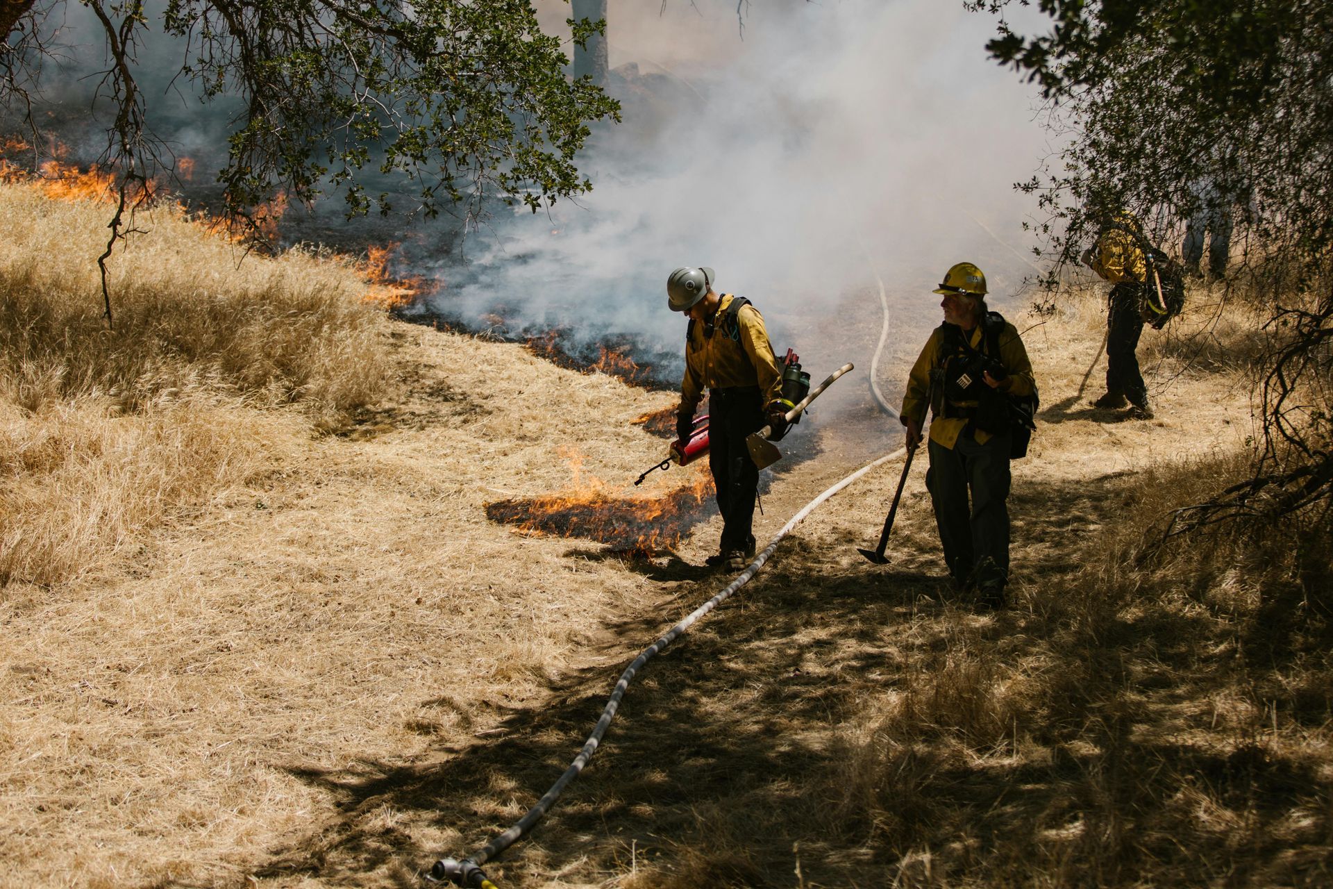 Firefighters in yellow gear walking through smoke to control a brush fire on a dry hillside