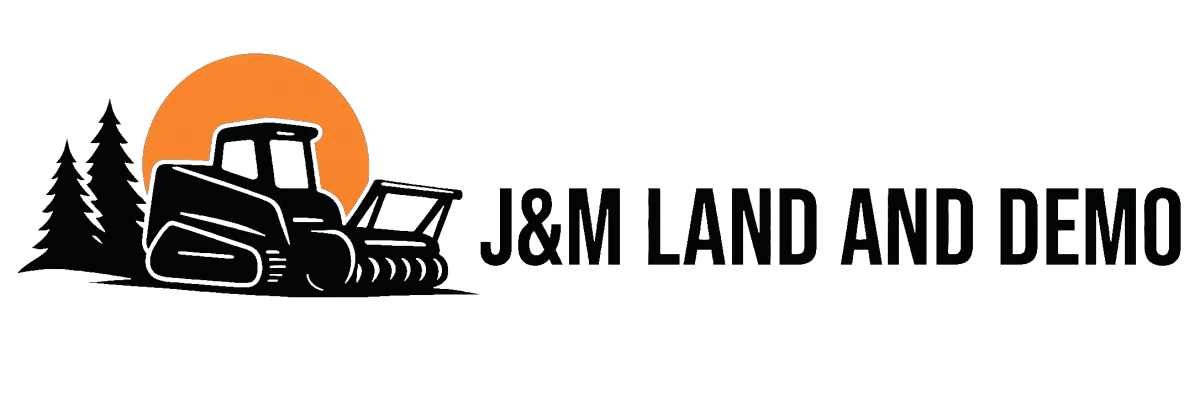 Logo for J&M Land and Demo with black trees, orange sunset, and a skid steer loader
