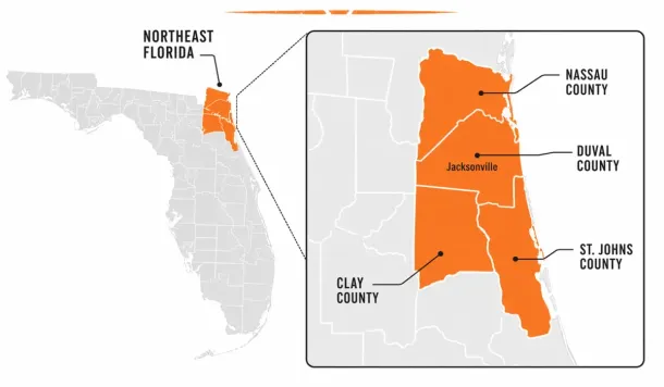 Map highlighting northeast Florida and Clay County, Nassau County, and Duval County in orange.