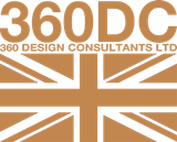 a logo for 360 Design Consultants Ltd with a british flag design in gold and white