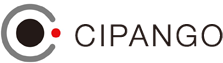 The logo for cipango is a black and white logo with a red dot in the middle.