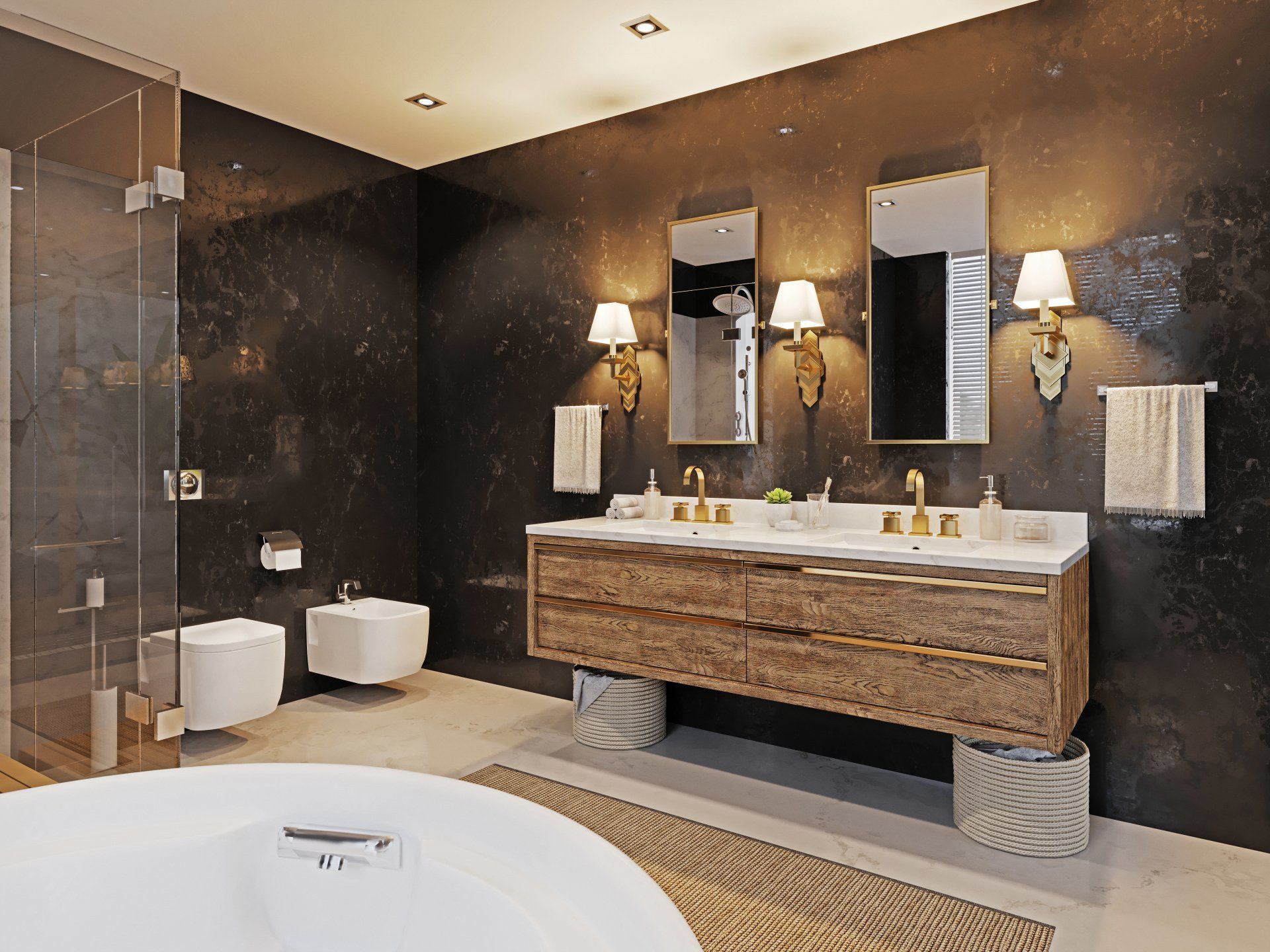 a bathroom with two sinks and a bathtub