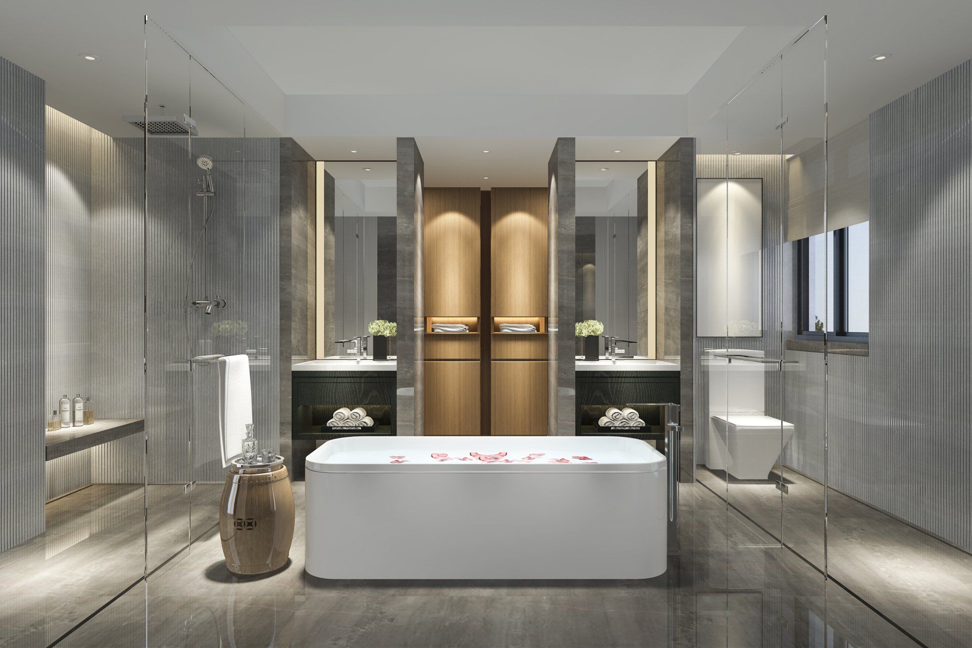 a bathroom with two sinks a toilet and a bathtub