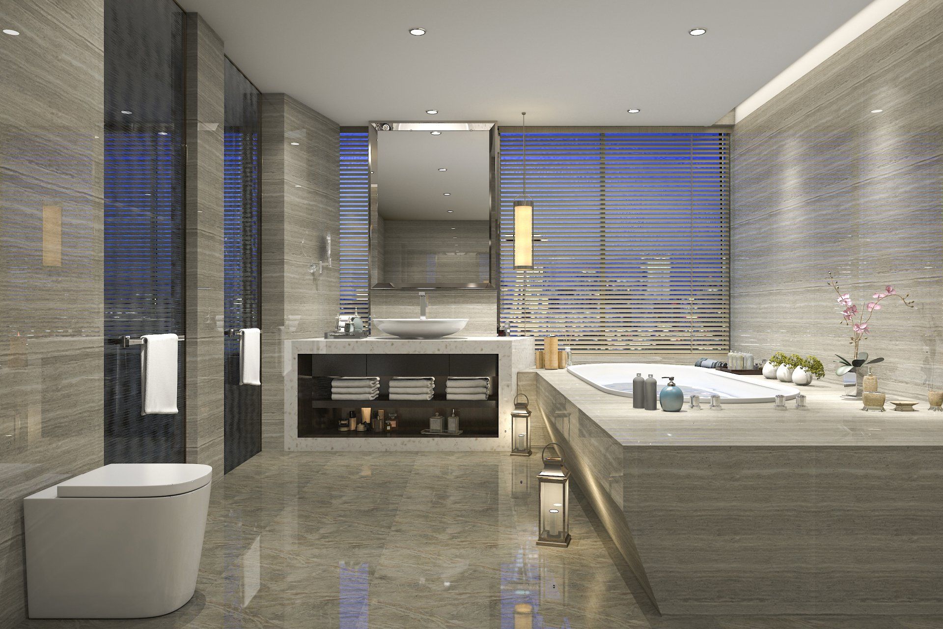 a bathroom with a large tub and a toilet