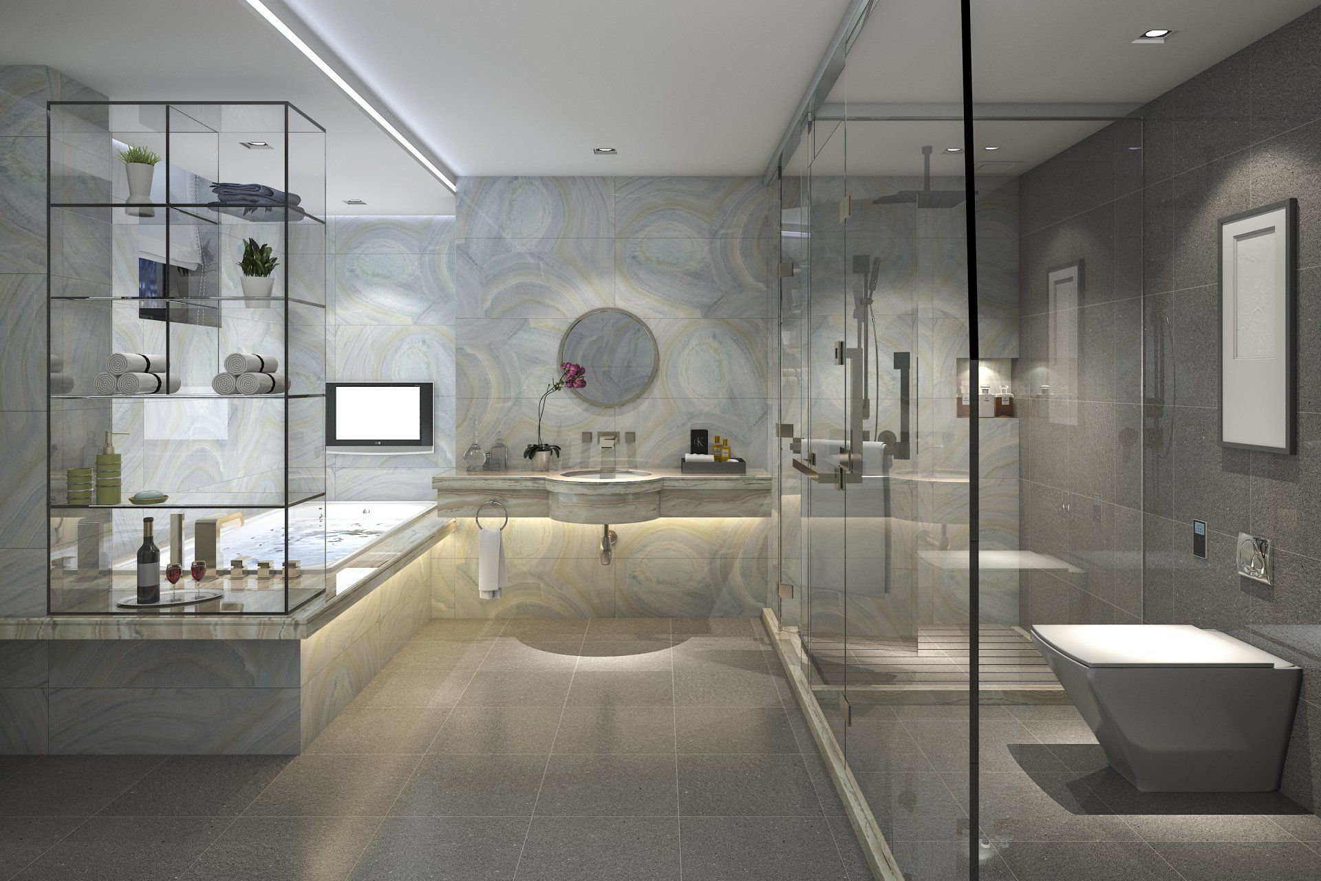 a bathroom with a walk in shower and a toilet