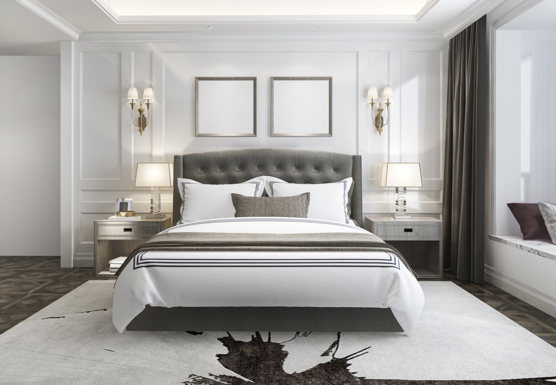 a bedroom with a bed , nightstands , lamps and a rug .