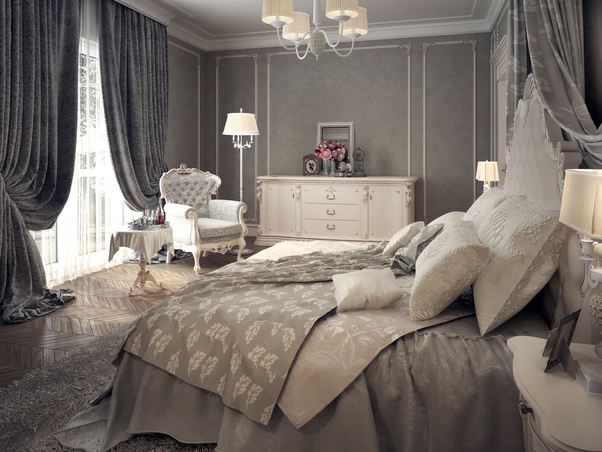 a bedroom with a large bed and a dresser