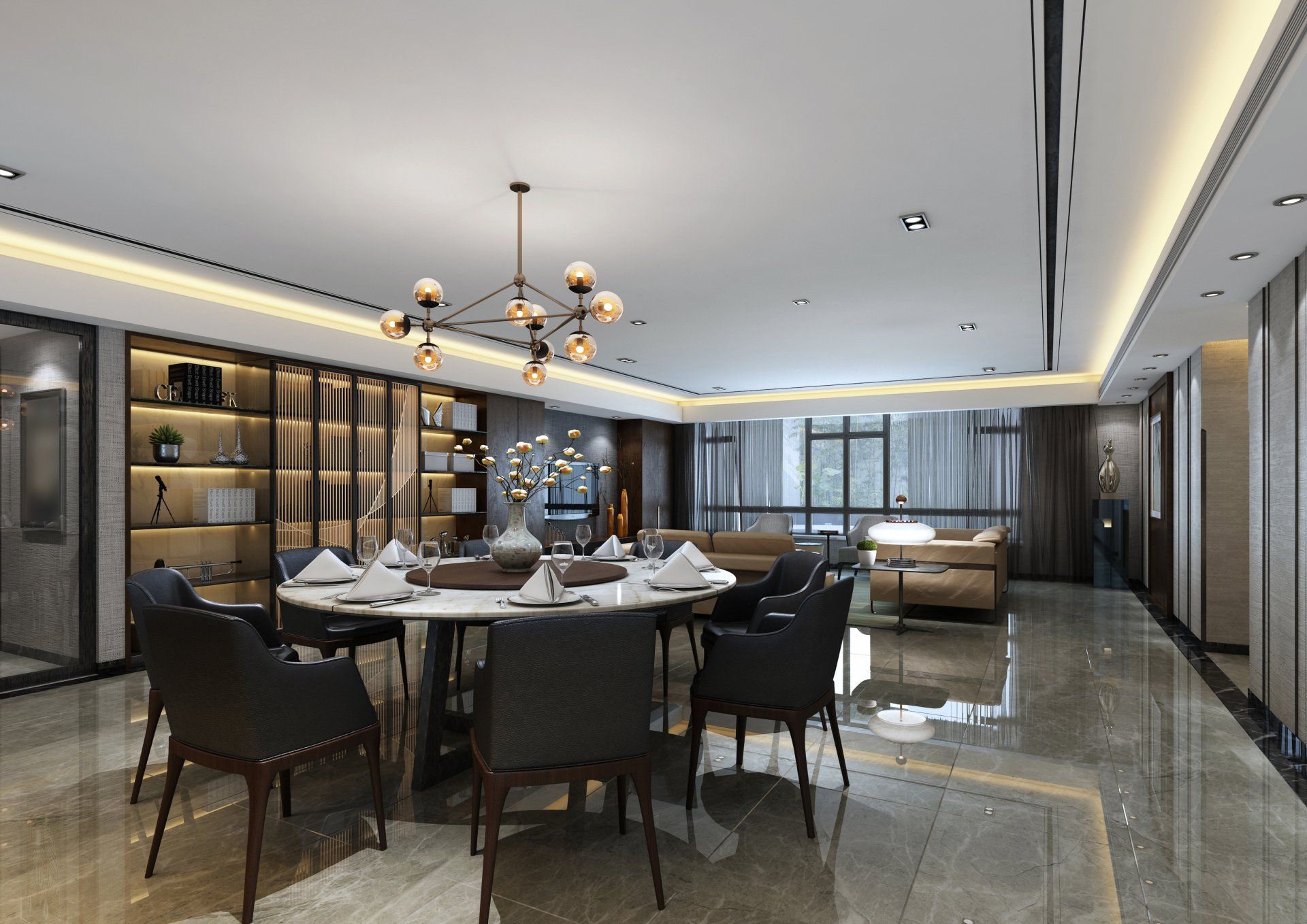 a large room with a table and chairs in it