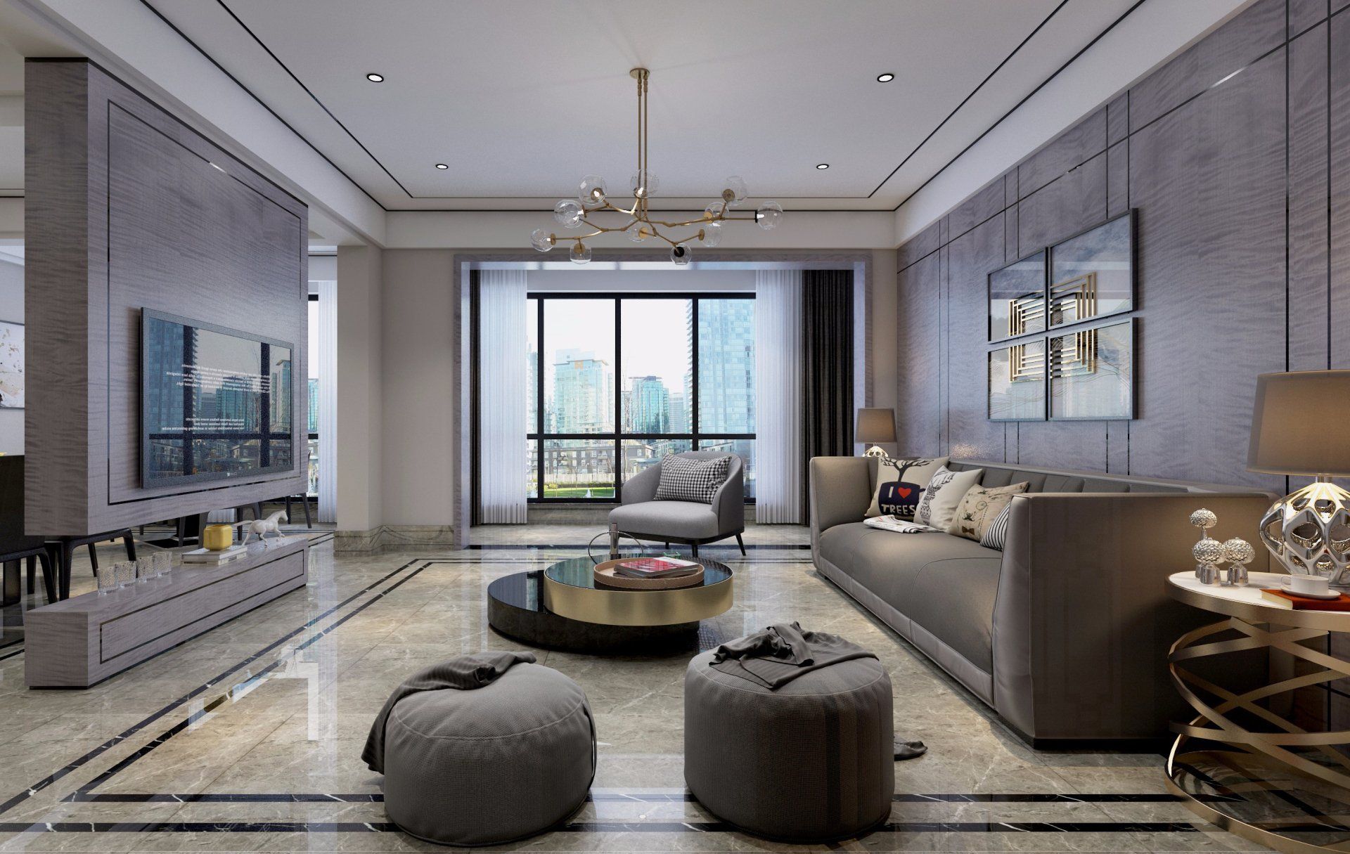 a living room with a couch ottomans and a television
