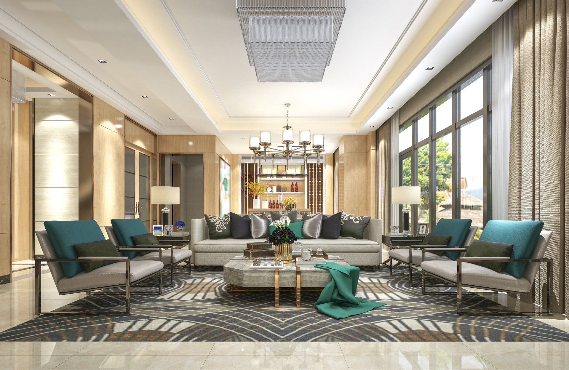 a living room with a couch and chairs and a chandelier