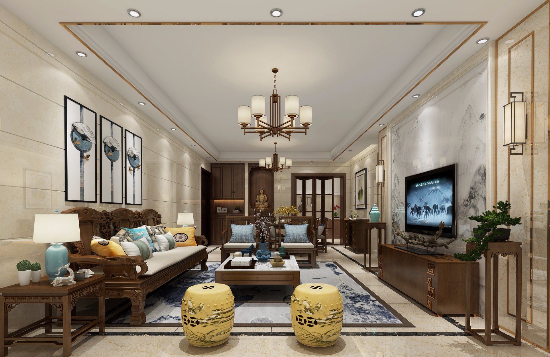 a living room with a couch and a television