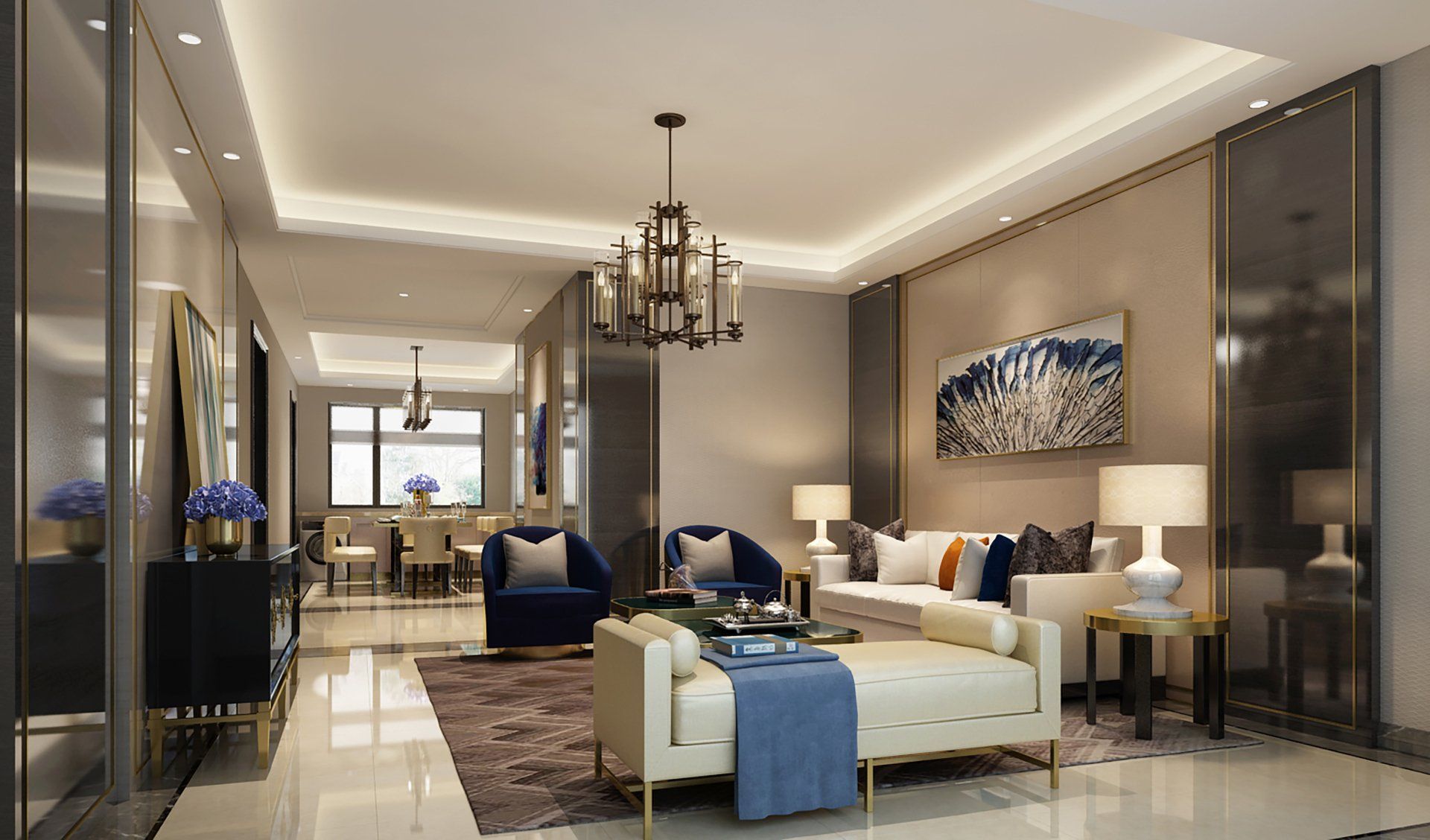 a living room filled with furniture and a chandelier