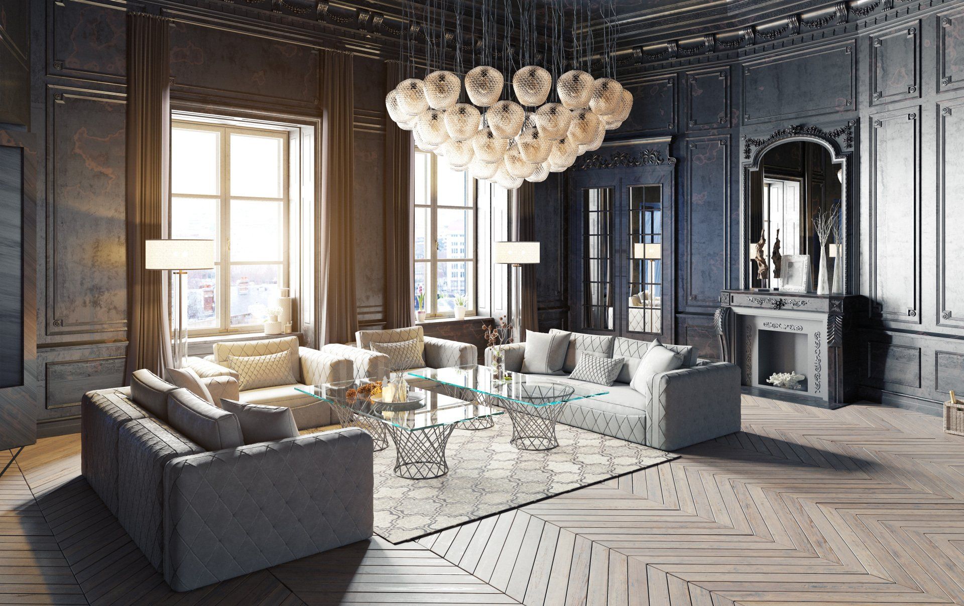 a living room with a chandelier hanging from the ceiling