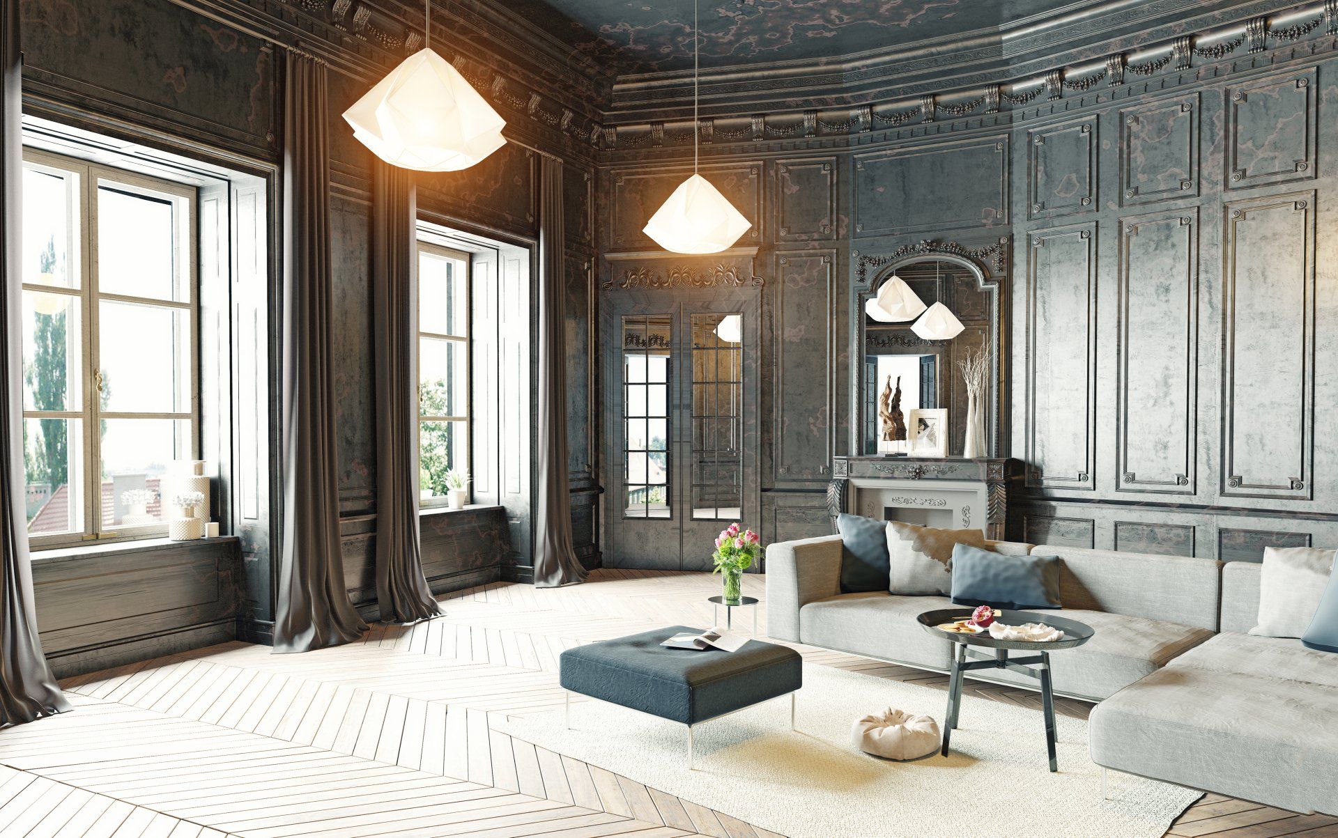 a living room with a couch , table , and mirror .